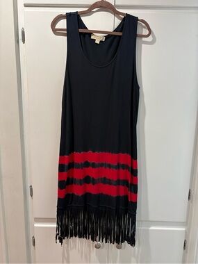 Michael Kors Navy Red Stripes with Fringe Dress Sleeveless L Vacation Beach